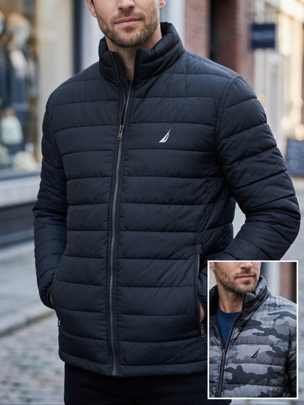 Nautica Men's Reversible Quilted Puffer Jacket - Black & Grey Camo - Size XL